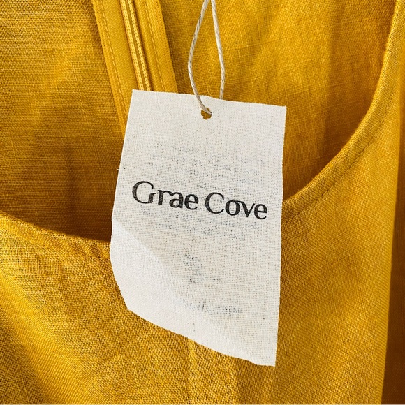 Grae Cove NWT 100% Linen Mustard Yellow Belted Cropped Jumpsuit Size L - Picture 9 of 11